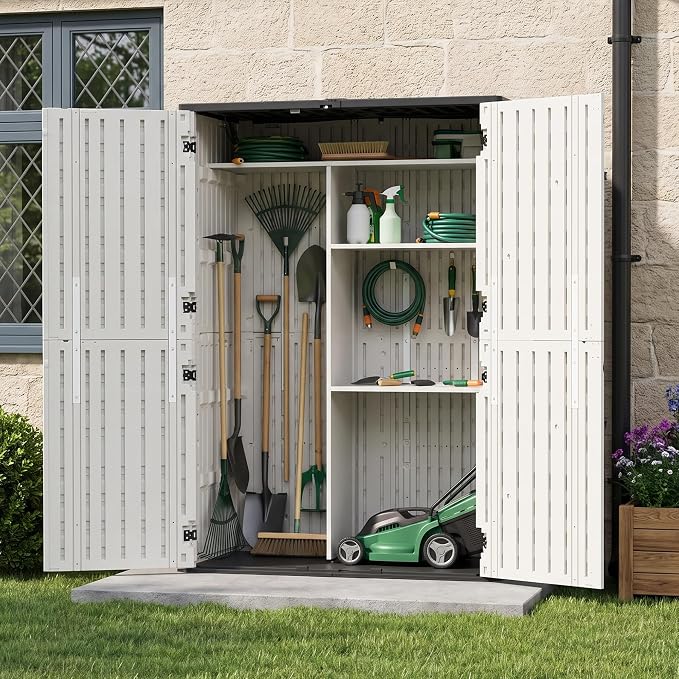 65 Cu.Ft Resin Outdoor Storage Shed with 5 Shelves & Floor, Weatherproof Plastic Vertical Outdoor Storage Cabinet for Garden Backyard Patio Pool Tool
