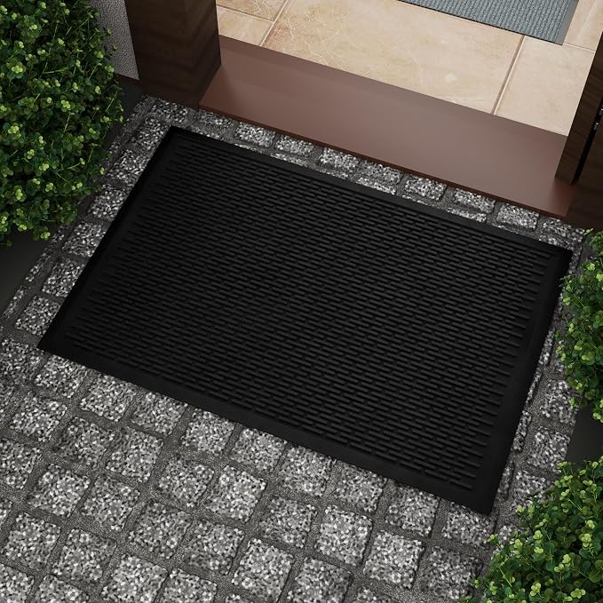 Ottomanson Waterproof Rubber Outdoor Doormat – Heavy-Duty Non-Slip Rubber Floor Mat with Ridge Scraper Pattern, All-Weather Front Door Entry Mat for Mud & Dirt Control – 24" x 36", Black