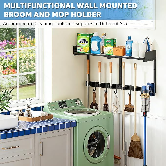 27" Mop and Broom Holder Wall Mount with Top Storage Shelf & Hooks,Black | Mop Hanger Wall Mount, 5 Grippers, 5 Hooks, Wall Organizer For Laundry Room, Garage And Kitchen