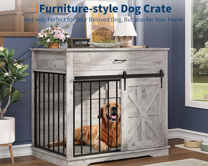 GarveeHome Dog Crate Furniture, 37.8" Large Dog Kennel Indoor, Wooden Kennel Table with Sliding Barn Door and Storage Drawer, Indoor Dog House for Large/Medium/Small Dogs