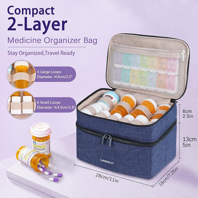 Lexeeco Dual Layers Medicine Pill Bottle Organizer Bag with Lockable Zipper | Portable Medication Bag for Pills,Vitamins,Fish Oil,Medicine Storage Box for College Dorm Student,Home,Large Travel Pill Case