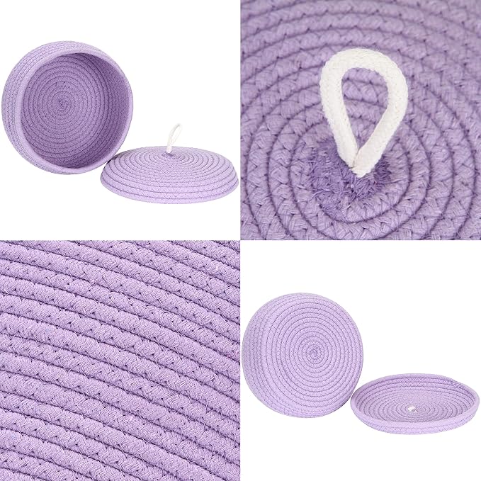 Sea Team Round Woven Cotton Rope Storage Basket with Lid, Lavender | Lidded Knitted Decorative Storage Bin, Pot, Caddy, Organizer, Container for Snacks, Towels, Plants, 10 x 4.5 Inches