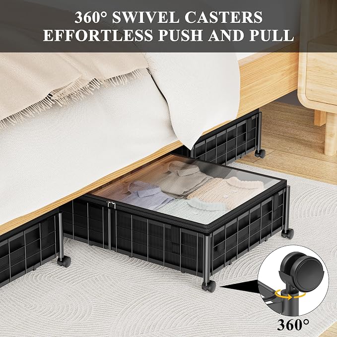 Hleelomi Under Bed Storage with Wheels and Storage Bag, 360° Rolling Under Bed Metal Drawers for Clothes, Blankets, Books and Shoes,Black， 2pack