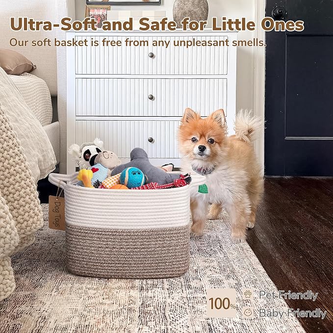 Goodpick Woven Rope Storage Basket for Shelves, Rectangle, Brown | 13" × 10" × 9" Stylish Gift Basket for Bedroom & Living Room Organization, Cotton Rope Baskets for Toys & Towels Storage
