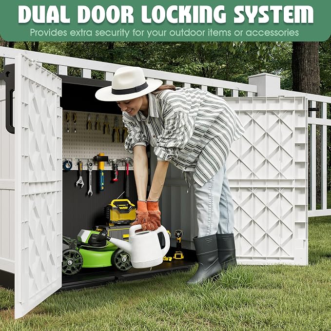 LHBcraft 36 Cu Ft Outdoor Storage Cabinet, Horizontal Resin Storage Shed Box for Backyards, Patios, Portable Waterproof Outdoor Storage Box with Lockable Doors, Ashen