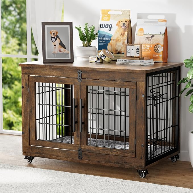 YaFiti Dog Crate Furniture, 32.5” Wooden Dog Kennel, 2 Pack, Rustic Brown | Cushion, Wheels, Double Doors, Furniture Style, Side End Table, Decorative Pet Cage House, Up to 45 lb, for Small/Medium Dogs