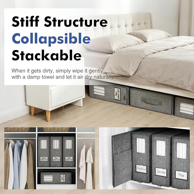 Furnhome Bed Sheet Organizers and Storage 4 Pack for Linen Closet, Foldable Sheet Set Holder with Window & Labels, Stackable Bedding Storage Boxes for Sheets, Duvet Covers, Blankets