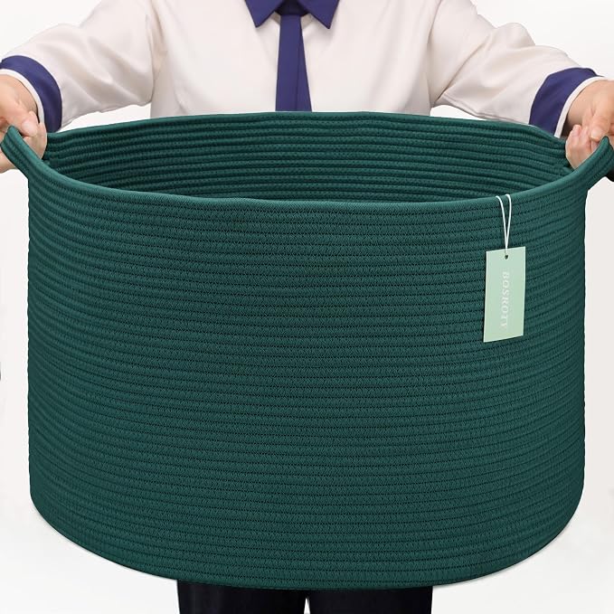 Large Cotton Rope Blanket Basket, 87L Laundry Hamper, Dark Green