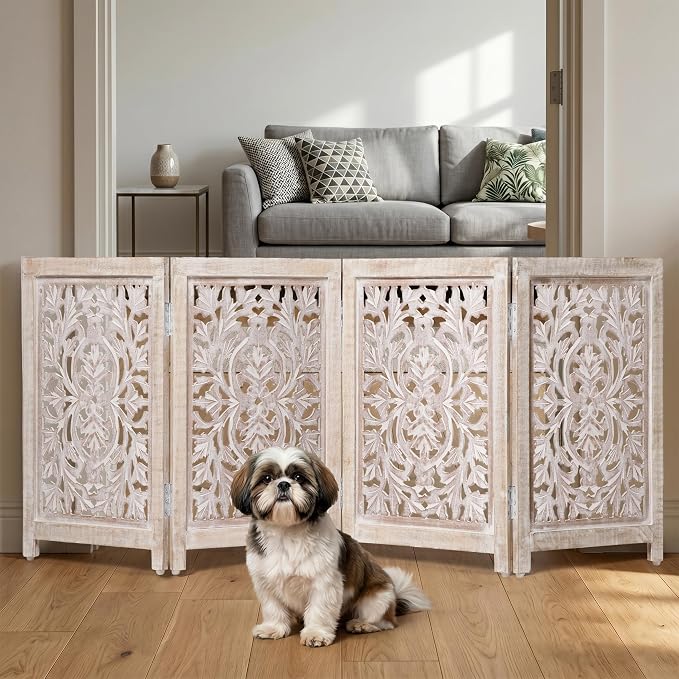 Lightnpro 4-Panel Carved Wooden Dog Gate with Stopper – 72 Inch Extra-Wide Foldable Freestanding Pet Barrier, White Wash Indoor Safety Fence for Small Dogs & Puppies – 24x18 Inch Panels