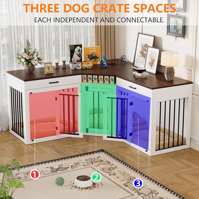 PAKASEPT Extra Large Corner Dog Crate Furniture for 3 Dogs,3 in 1 Wooden Dog Crate Kennel with 2 Drawers,Divider,Power Outlet,Heavy Duty Double Dog Kennel Indoor for Small,Medium,Large Dogs,White ﻿