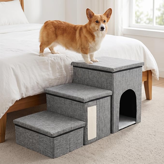 Dog Stairs for Small Dogs, 3 Tiers Dog Step with Storage, Foldable Older Cat Ramp with Condo Cat Scratcher, Portable Pet Ladder for High Bed Couch Chair Car, Up to 165 Lbs, 17 Inch