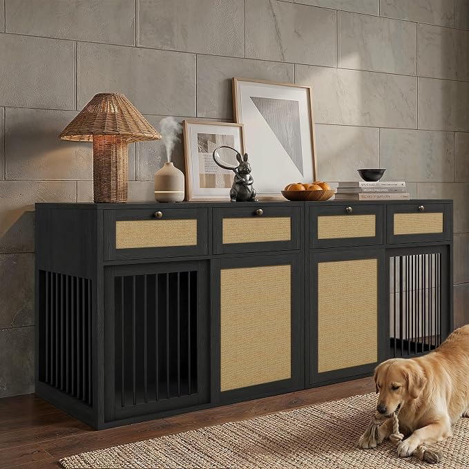 PureCozy 2-Piece Double Dog Crate Furniture, 80 Inch, Black Oak | Left and right kennels for 2 dogs with metal sliding doors, cane cabinets and 4 drawers; furniture-style indoor console.