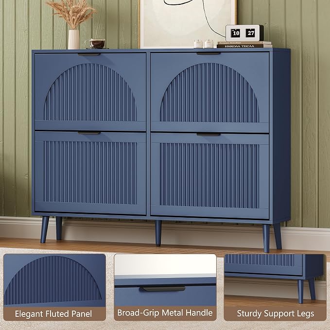 BORNOON Shoe Cabinet for Entryway with 4 Flip Drawers, Slim Wooden Shoe Storage Organizer with Modern Fluted Pannel，Freestanding Narrow Hidden Shoe Rack for Hallway, Foyer, Living Room