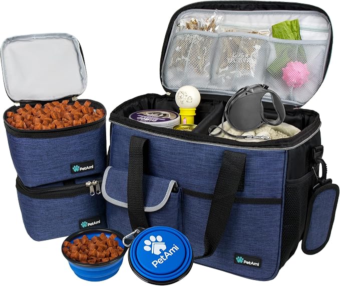 PetAmi Dog Travel Bag Organizer, Pet Supplies Diaper Tote, Navy Blue Medium | Pet Travel Kit with 2 Food Containers & 2 Collapsible Dog Bowls, Luggage Sleeve, Weekend Getaway Road Trip Camping Essentials