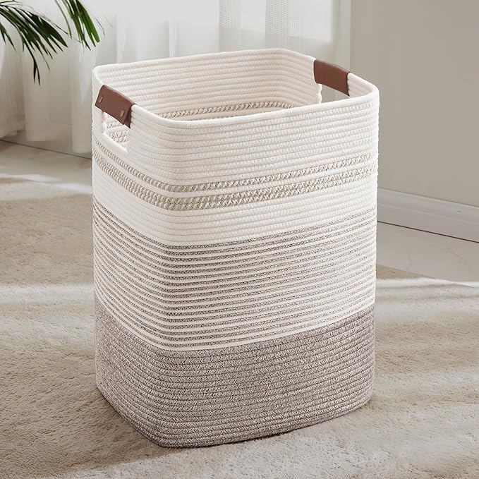 85L Tall Woven Laundry Basket Hamper with Leather Handles,DarkBrown | collapsible wicker hamper, storage for dirty clothes, toys, blankets, gifts, living room, bedroom, bathroom, 17"x14"x22"
