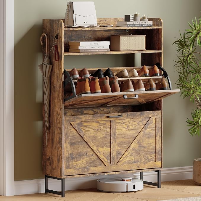 Xixini Shoe Storage Cabinet with 2 Flip Drawers, Entryway Shoe Rack, Brown | Freestanding Narrow Shoe Storage, Hidden Slim Wood Shoe Organizer, Modern Farmhouse, Open Storage & Hooks for Closet, Hallway