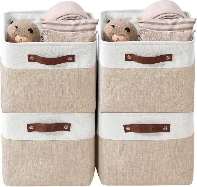 DECOMOMO Storage Bins, Large Fabric Storage Baskets for Shelves 4 Pack | 15 x 11 x 9.5 inches Decorative Linen Closet Organizers (Beige & White)