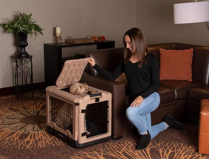 Pet Gear The Other Door 4 Door Steel Crate for Dogs/Cats, 27", Beige | Garage-Style Door, Includes Plush Bed & Travel Bag, No Tools Required