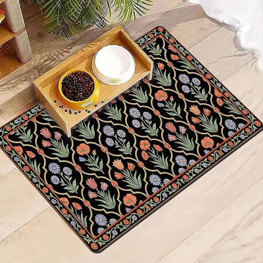 Pet Feeding Mat 24 x 16 Inch, Black Floral Pet Placemat Absorbent Quick-Dry for Food and Water, Waterproof Non Slip Rubber Bowl Pad Mat for Floors