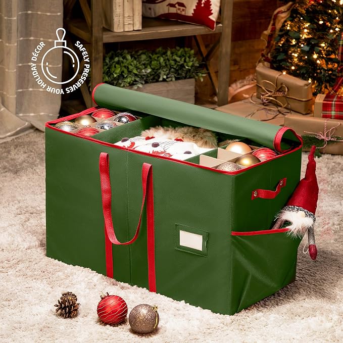 ZOBER Large Christmas Ornament Storage Box - Stores 80 3" Ornaments, With Dividers - With Large Compartment for Figurines, and Accessories, Durable Christmas Containers Holder, 4 Extra Pockets - Green