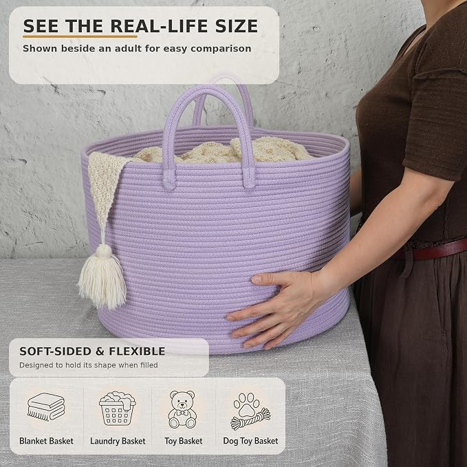 XUANGUO 66L Large Blanket Basket, Round Cotton Rope Basket, Purple | 20" x 13" Laundry Basket with Sturdy Handles for Blankets, Pillows and Toys; Storage for Living Room, Bedroom and Nursery