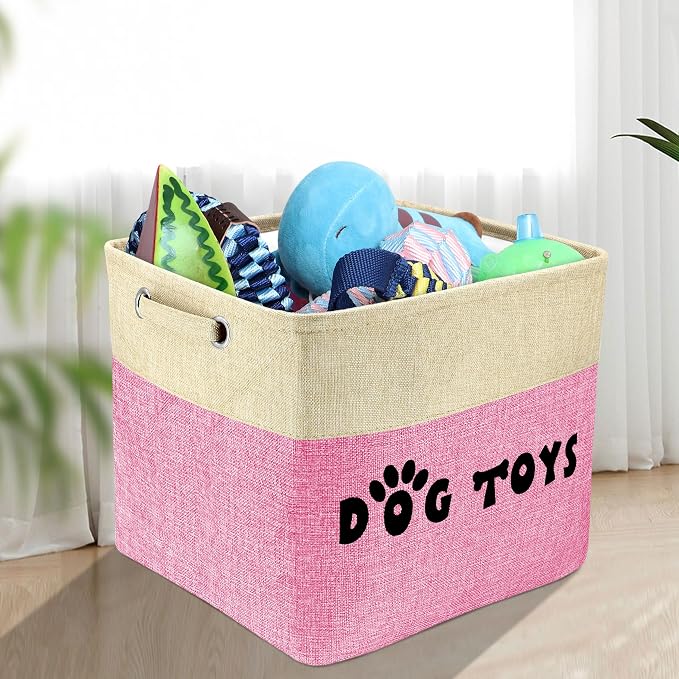 PET ARTIST Dog Toy Basket, Large Collapsible, Pink, L:15"x13"x12" | Dog Toy Bin Box, Comfortable Handles, Large Pet Toy Storage Organizer, For Accessories, Toys, Coat & Clothing, Blanket Leash