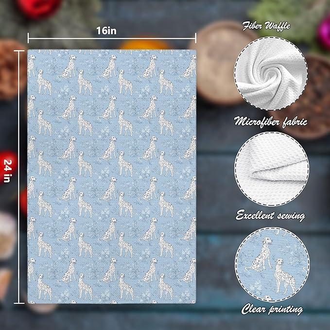 Blue Chinoiserie Dalmation Floral Kitchen Towels,Dalmation Dog Gifts Decorative Hand Towels,Blue and White Grandmillennial Botanical Dog Floral Dish Tea Towels for Kitchen Bathroom, 16x24 Inch