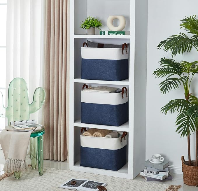 DECOMOMO Fabric Storage Bins, Extra Large Storage Baskets with Handles | 3 Pack Storage Baskets for Shelves, Laundry, Toys, Nursery (Navy Blue & White)