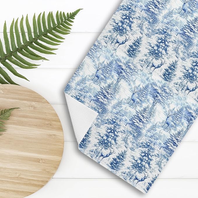 Christmas Blue Winter Forest Reindeer Decor Kitchen Dish Tea Towels,Blue and White Farmhouse Reindeer Deer Animal Decor Decorative Hand Towel for Bath Room Washroom Restroom, 16x24 Inch