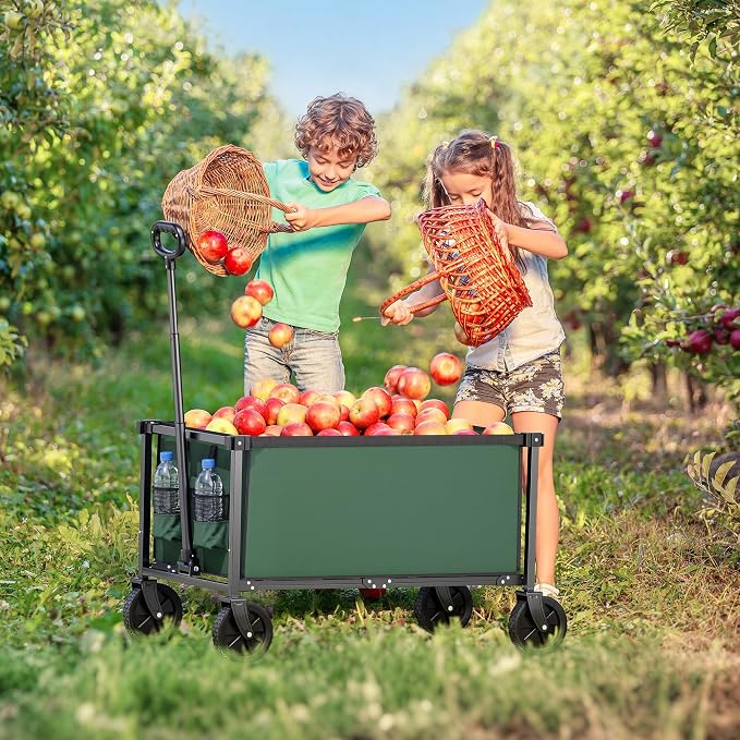 29.3" Collapsible Wagon Cart, 150L Heavy Duty Folding Utility Wagon with Wheels, 260 lbs Load, Portable Rolling Cart for Garden, Shopping, Sports, Camping, Army Green