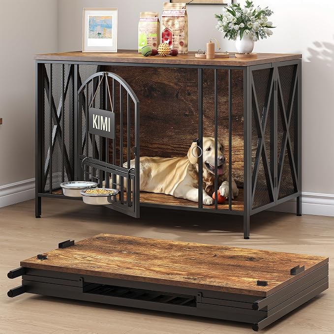 BOINN 41.3" Dog Crate Furniture Foldable, No Assembly Decorative Dog Kennel Indoor, Wooden Dog Crates with 360° Rotating Bowls and Name Tag, Rustic End Table for Medium/Large Dogs