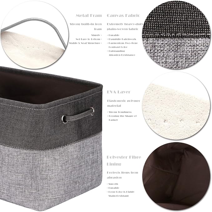 Sea Team Large Rectangle Canvas Open-Top Storage Baskets, 3-Pack | Collapsible Fabric Storage Bins with Handles, Closet Shelf Organizers, 15 x 10 x 10 Inches, Gray & Black
