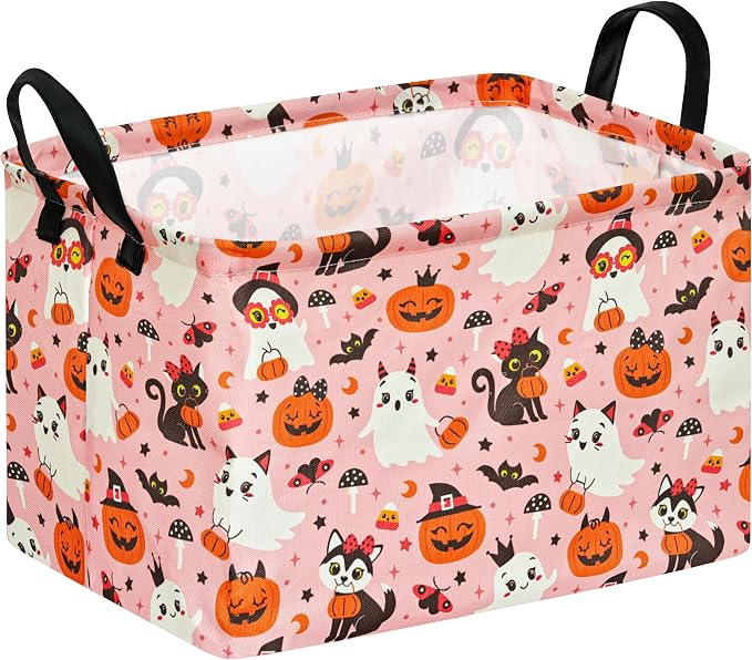 Pink Halloween Storage Basket for Girls, Pumpkin Ghost Bat Spider Design