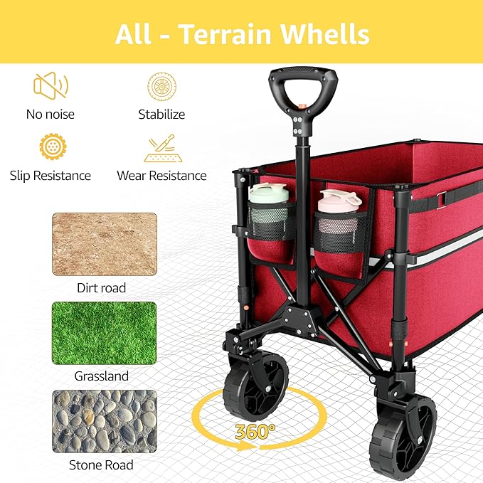 ROSONG Collapsible Wagon Cart with Wheels Foldable - Folding Utility Heavy Duty Wagons Carts for Grocery Sports Garden Shopping Camping Wheelbarrows, Burgundy