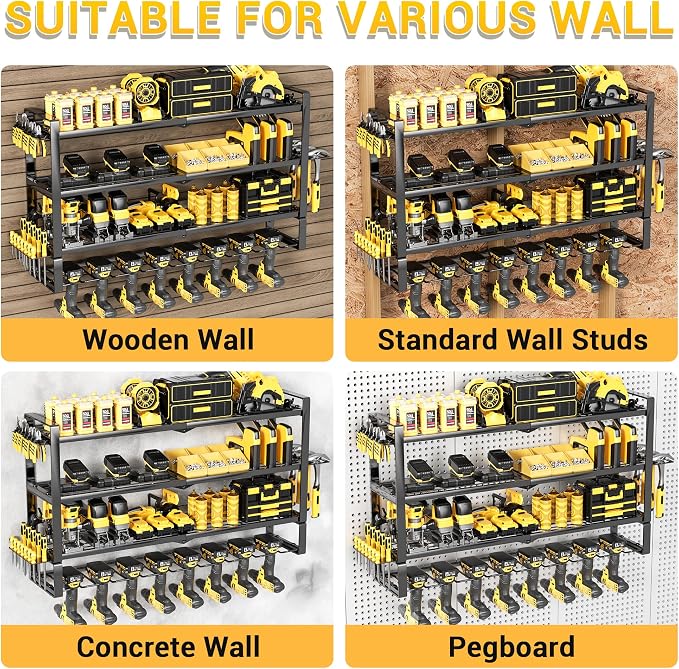Extra Tall Large Power Tool Organizer Wall Mount ,4 Layers Drill Holders | 8 Cordless Heavy Duty Metal Battery Tool Shelf Loads 400lbs,Tool Storage,Utility Rack For Workshop,Garage,Gifts for Men