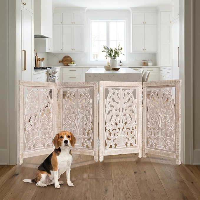 Lightnpro 4-Panel Carved Wooden Dog Gate with Stopper – 72 Inch Extra-Wide Foldable Freestanding Pet Barrier, White Wash Indoor Safety Fence for Small Dogs & Puppies – 24x18 Inch Panels