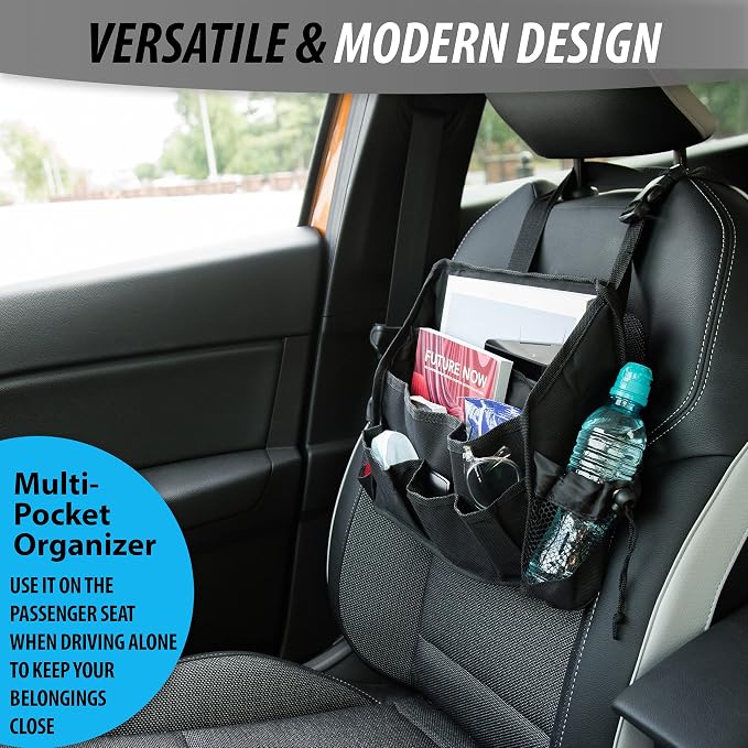 ZONETECH Multi-Pocket Organizer - Classic Black Durable Rugged Pack Cloth Premium Quality compact Car Seat Driver Headrest Organizer
