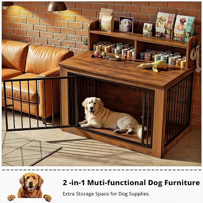 IRONCK 43.3" Extra Large Dog Crate Furniture with Storage Shelf | 10mm iron rods. Storage shelf and 4 hooks. 200 lb tabletop. 30"L x 43.3"W x 41.1"H indoor large crate