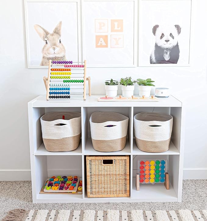 OrganiHaus Cotton Rope Baskets for Shelves, Set of 3, 15x9x10 | Handwoven; a toy bin and organizer for towels, books, or blankets; fits nursery, playroom, or bedroom decor