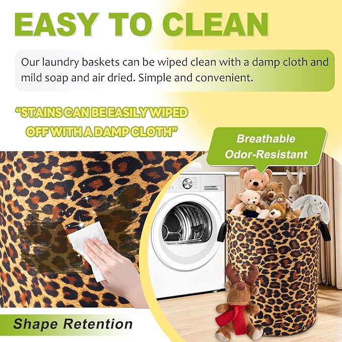 Brown Leopard Laundry Basket Foldable Waterproof Hamper 18.9 x 16.5 Inch | Oxford Cloth With Reinforced Handles Lining Design Large-Capacity Storage For Bathrooms/Laundry Rooms/ Living Rooms/Bedrooms