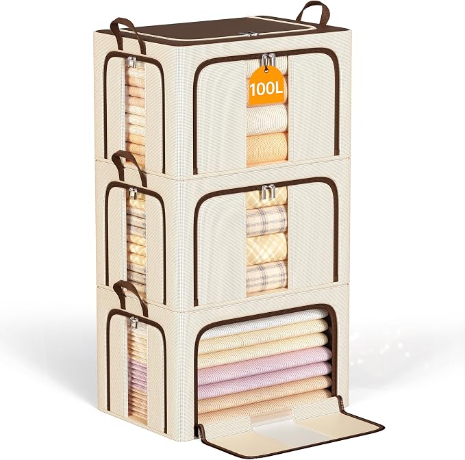 Clothes Storage Bins, 3 Openings, 100L, Brown | Metal Frame