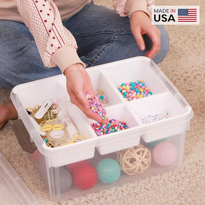 Citylife 17QT Clear Craft Organizers and Storage Box with Removable Tray | Stackable Art Supply Organizer Storage Bins with Lids for Beads, Markers, Sewing, Tools, Playdoh, Coloring Books, Made in USA
