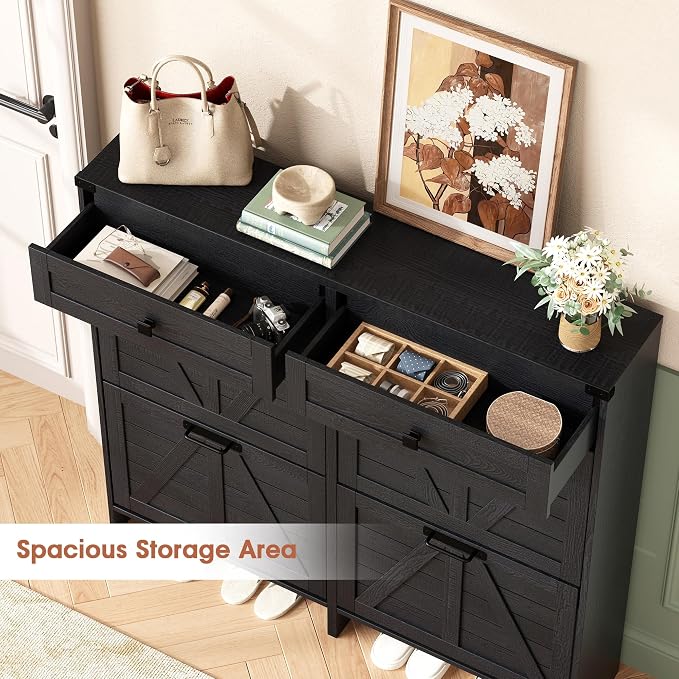 Halitaa Shoe Cabinet with 4 Flip Drawers & 2 Drawers,Farmhouse Shoe Storage Cabinet for Entryway,Slim Freestanding Organizer Rack for Front Door Entrance,Black