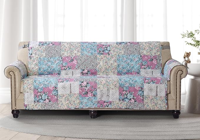 Brilliant Sunshine Lilac Rose & Egg Blue Floral Toile Couch Cover, 78" seat | Quilted Sofa Cover, Living Room & Bedroom Furniture Protector, Extra Large Washable Slipcover for Pets, Dogs & Cats