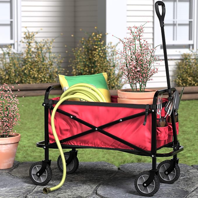 Amazon Basics Collapsible Heavy Duty Utility Wagon for Outdoor Sports, Camping, Garden, and Pets, Portable with Handle, 265 pounds Weight Capacity, 27.6 x 40.9 x 20 inches, Red