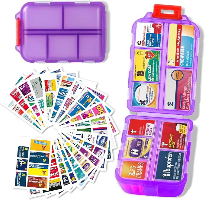 Large Pill Organizer with 161 Medicine Labels, Travel Pill Case | Purple Large pill case with 10 compartments and 161 medicine labels for 7-day planning, vitamins, supplements, daily use
