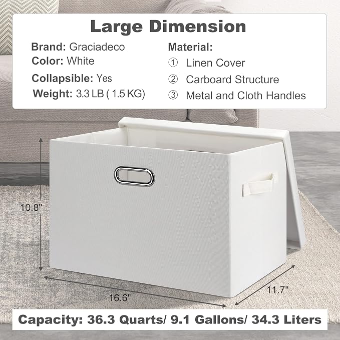 Graciadeco Large 17" 36 Quart Collapsible Stackable Storage Bins with Lids, 5 Packs White Linen Fabric Closet Boxes with Lids, Storage Cube Baskets Container Organizers for Bedroom Office(17 x12 x11) | 36 Quart 5 Pack White Collapsible Stackable Linen ...