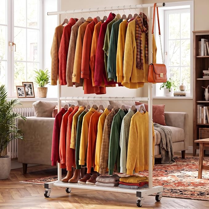 Sywhitta Double Rod Metal Clothing Rack on Wheels with Bottom Mesh,White | Rolling Garment Organizer, for Hanging Clothes,Coats,Easy to Assemble,Space-Saving,Mobile Organizer for Closet