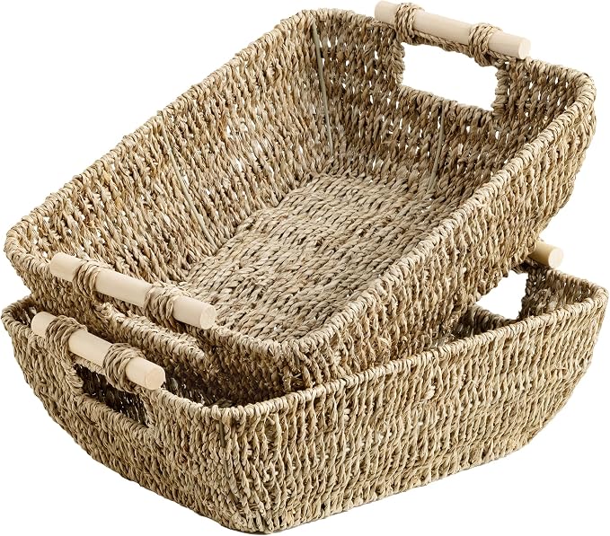 StorageWorks Seagrass Storage Baskets, Large Snack Baskets for Shelves | Wicker Storage Baskets for Shelves, Baskets with Wooden Handles, 2-Pack Gifts Basket for Home Decor, Hand-Woven Basket