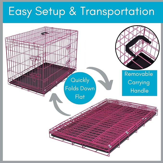 Internet's Best Wire Dog Crate for Dogs - Double Door Metal Steel Crate, Indoor Folding & Collapsible Cage, Secure & Durable, Portable Travel Kennel, Ideal for Home Use - Pink, 36 Inches